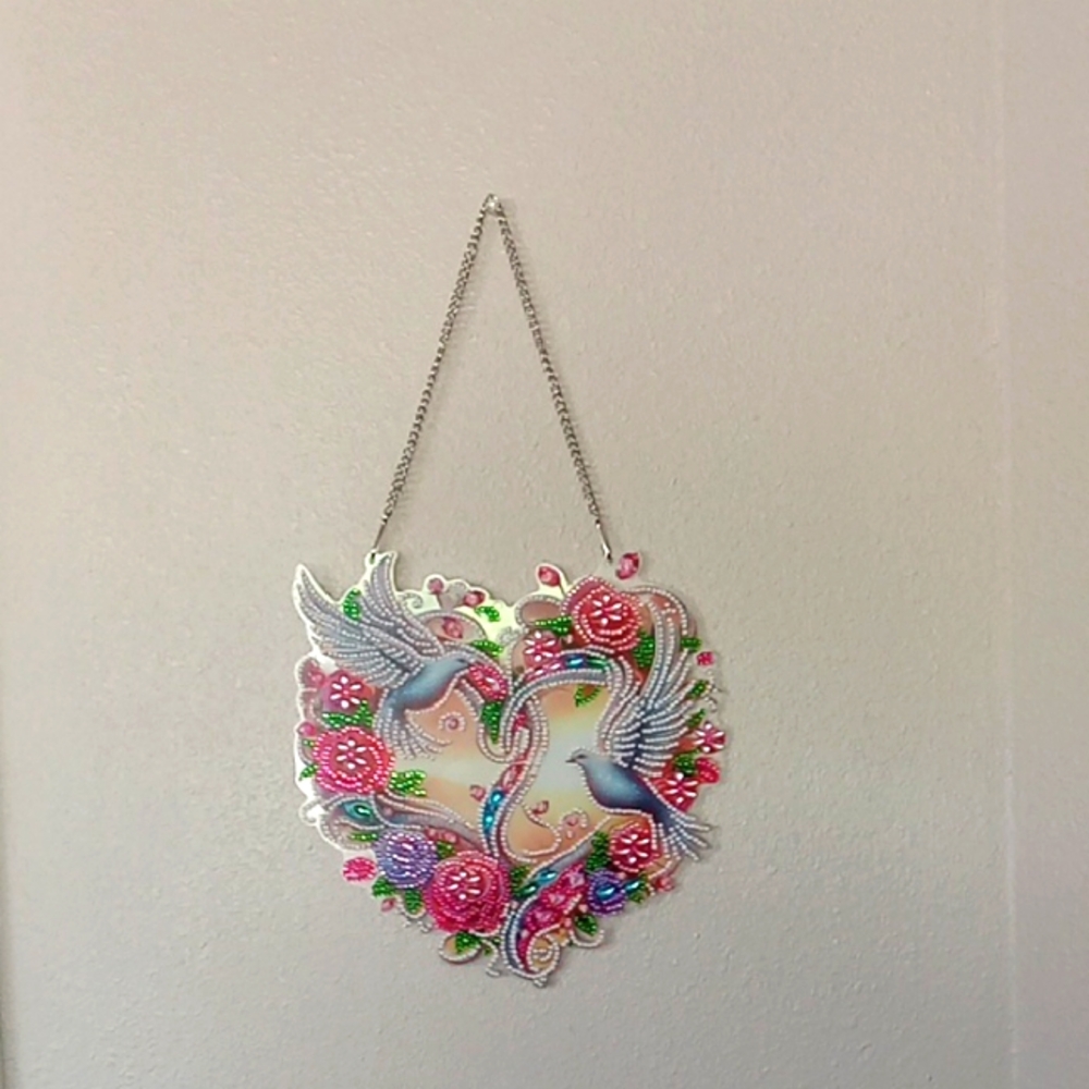 Completed Diamond Art Colorful Heart Wall Hanging with Birds